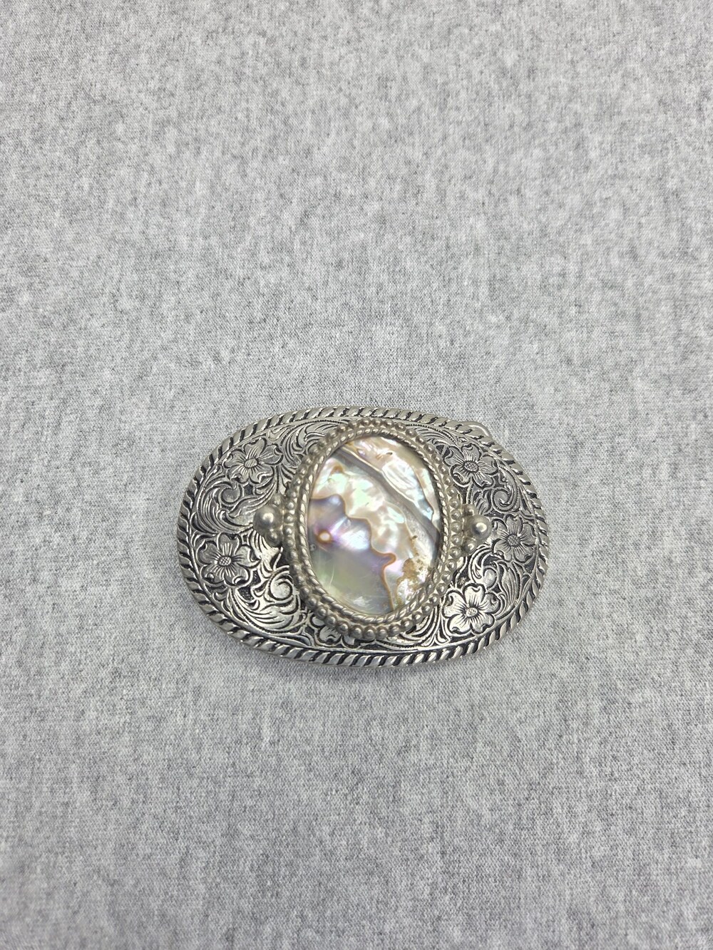 Vintage Abalone Shell Belt Buckle Silver Tone Scrollwork Oval Womens Western